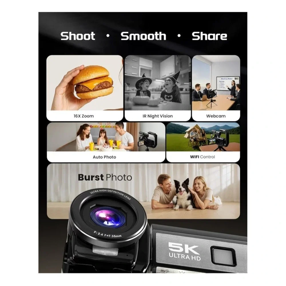 5K‎ Video Camera Camcorder, UHD 64MP Vlogging Camera for YouTube with 3